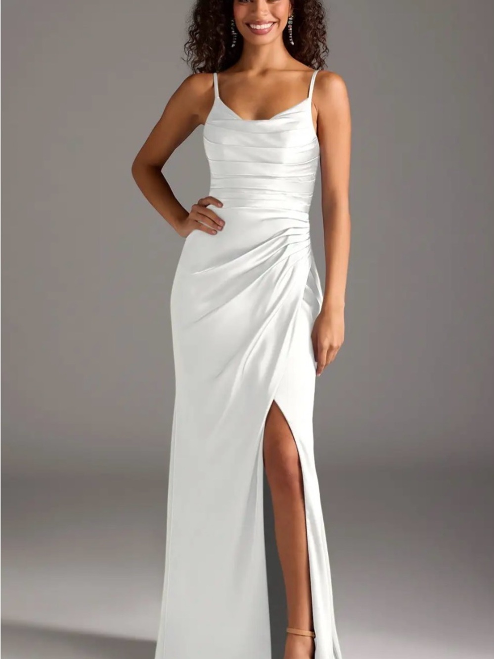 Azazie White Strapless Cowl Neck Evening Gown with High Slit